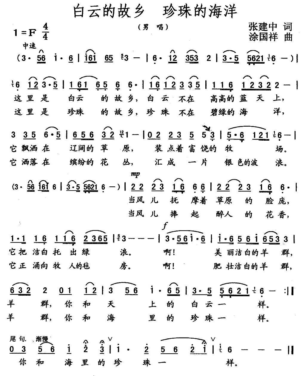 白云的故乡 珍珠的海洋（张建中词 涂国祥曲） -  简谱第1页