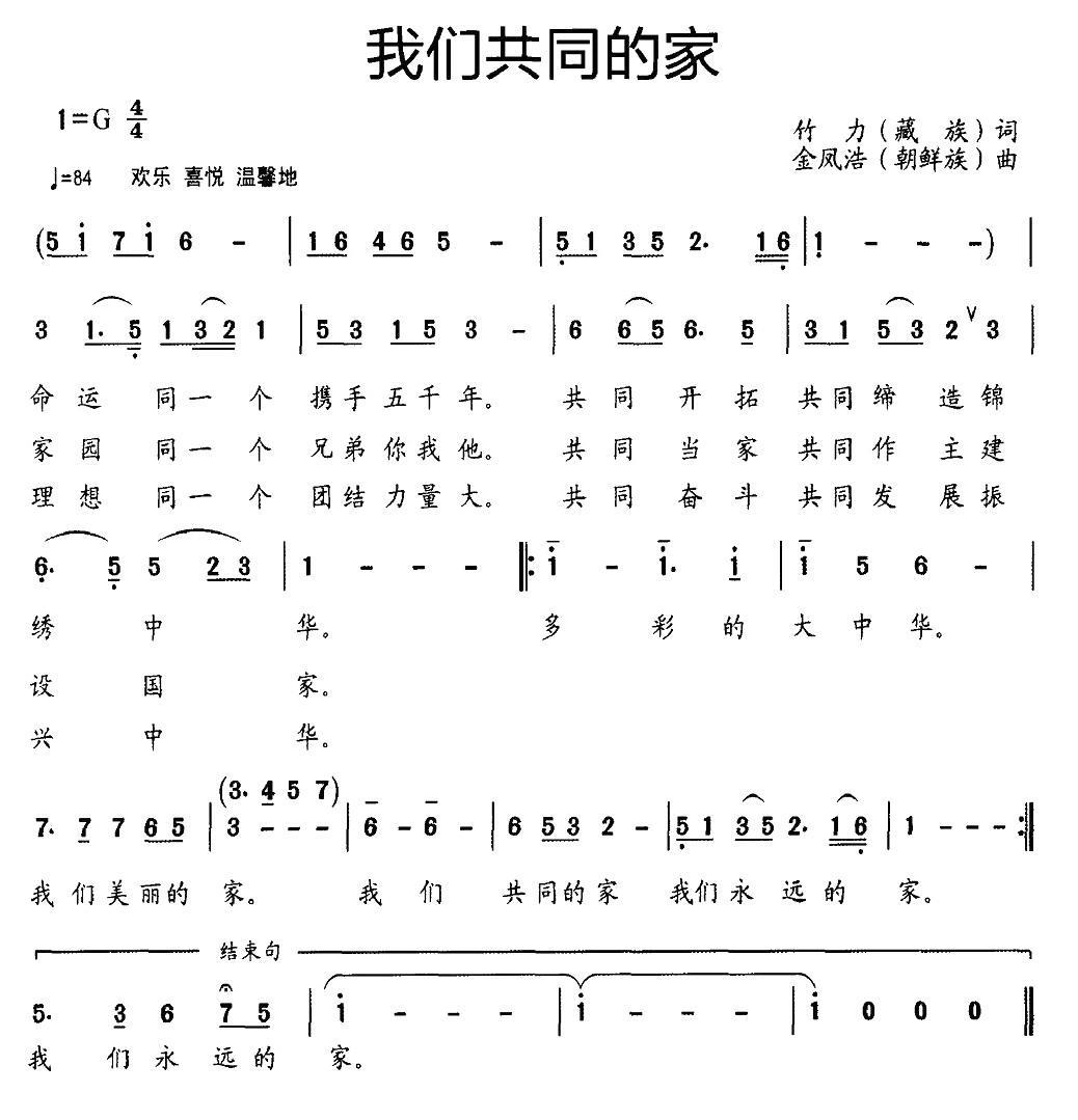 我们共同的家（竹力词 金凤浩曲） -  简谱第1页