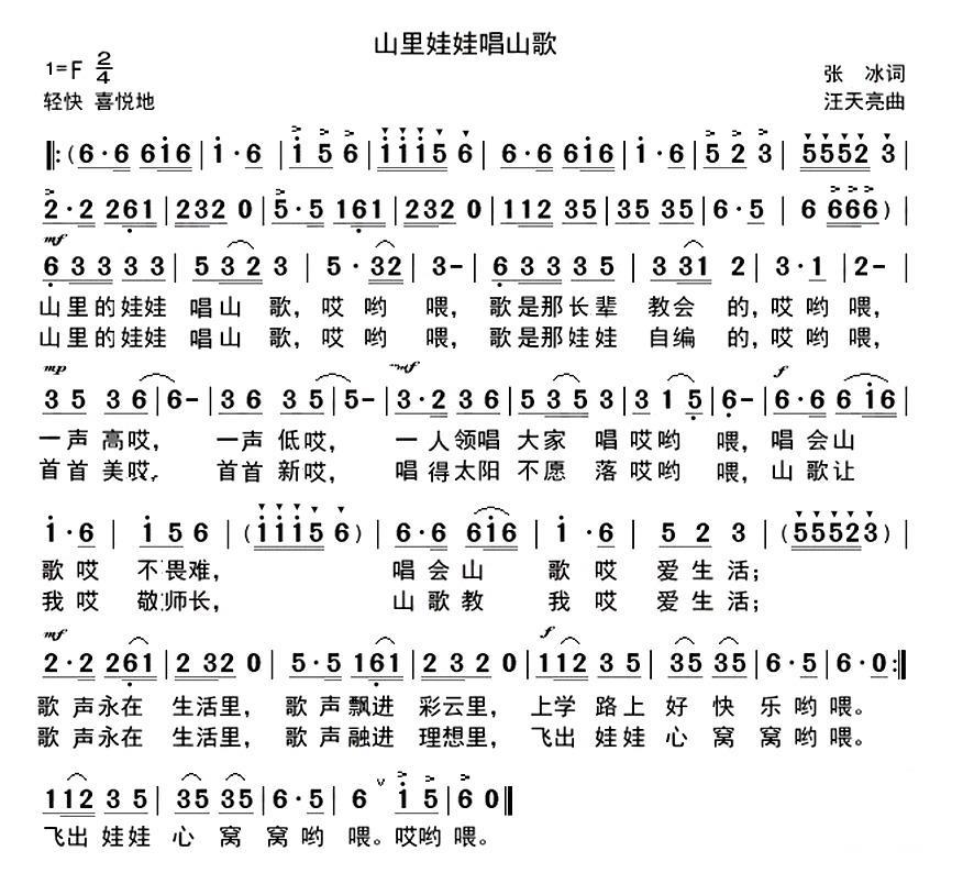 山里娃娃唱山歌（张冰词 汪天亮曲） -  简谱第1页