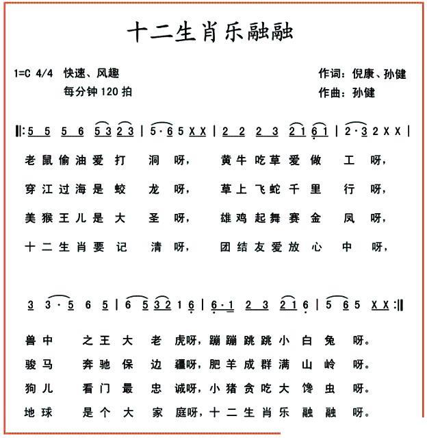 十二生肖乐融融（孙健曲 倪康词） -  简谱第1页