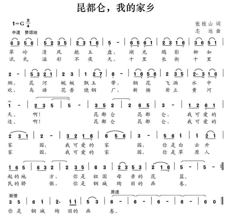 昆都仑，我的家乡（张桂山词 志远曲） -  简谱第1页