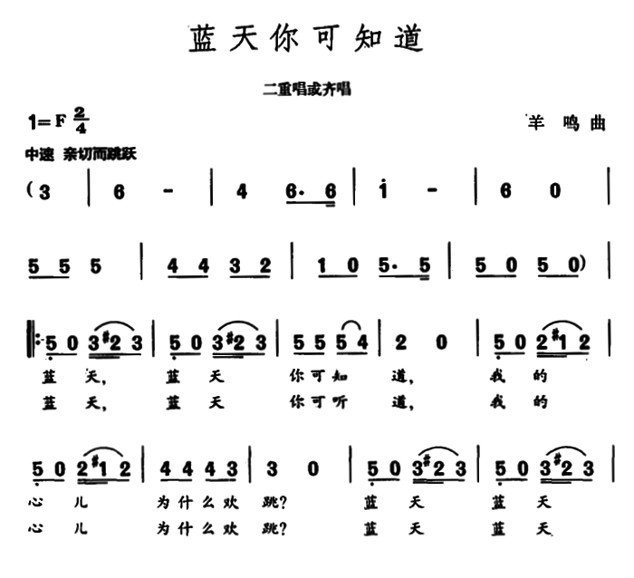 蓝天你可知道（羊鸣曲 王健词） -  简谱第1页