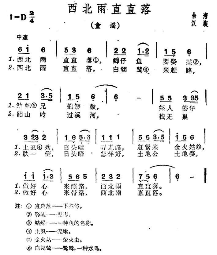 西北雨直直落（台湾民歌） -  简谱第1页
