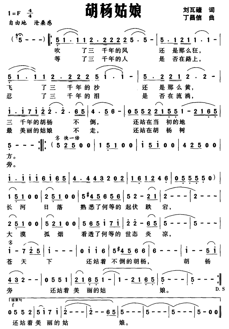 胡杨姑娘（刘瓦碴词 丁昌信曲） -  简谱第1页