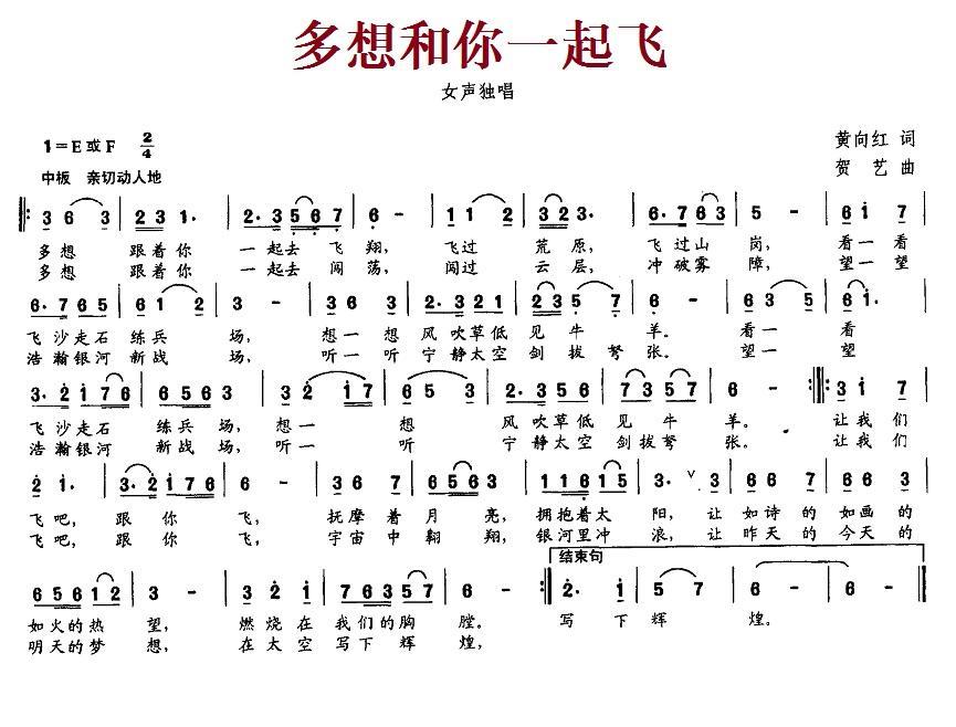 多想和你一起飞（贺艺曲 黄向红词） -  简谱第1页