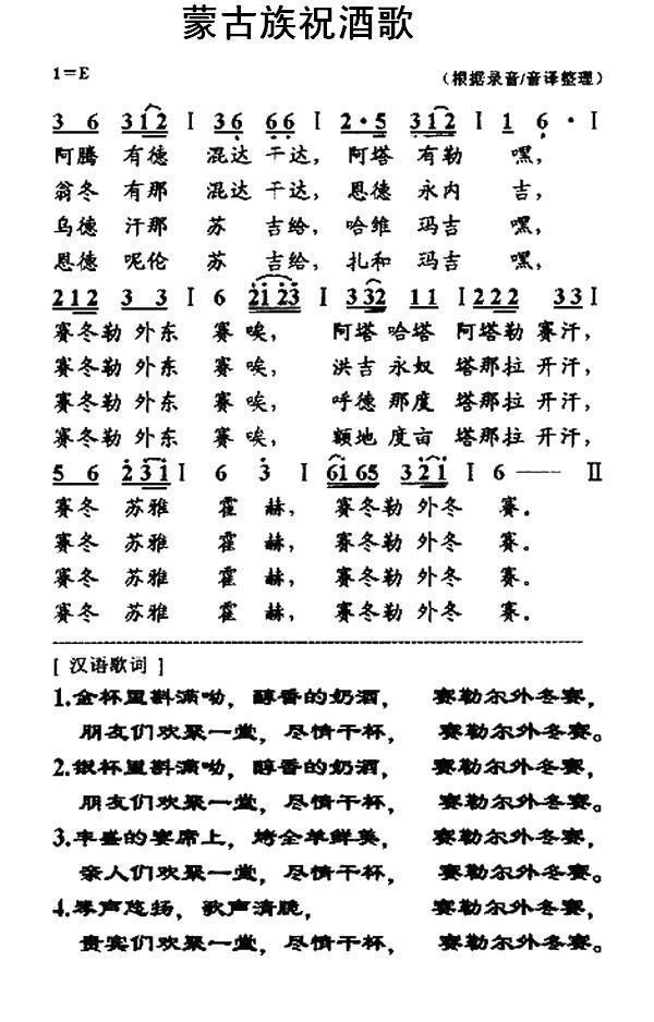 蒙古族祝酒歌（根据录音/音译整理） -  简谱第1页