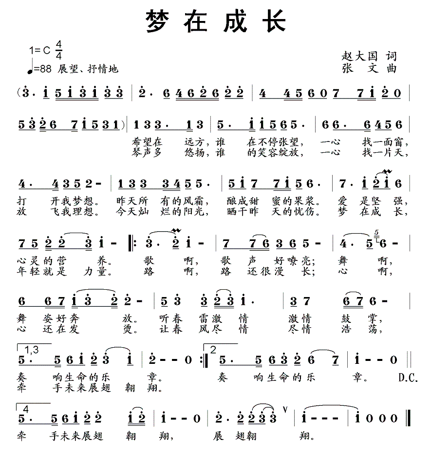 梦在成长（张文曲 赵大国词） -  简谱第1页